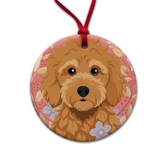 Golden Doodle Brown Head Floral Motif Pink Dog Round Ceramic Holiday Christmas Tree Ornament