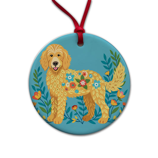 Golden Doodle Floral Motif Blue Dog Round Ceramic Holiday Christmas Tree Ornament
