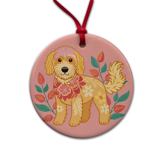 Golden Doodle Floral Motif Pink Dog Round Ceramic Holiday Christmas Tree Ornament