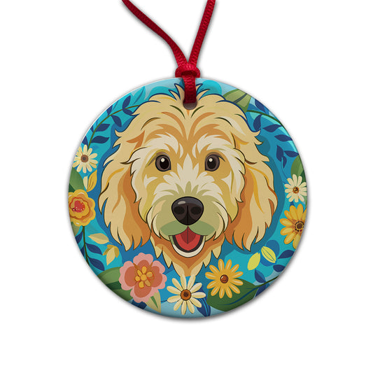 Golden Doodle Head Floral Motif Blue Background Dog Round Ceramic Holiday Christmas Tree Ornament