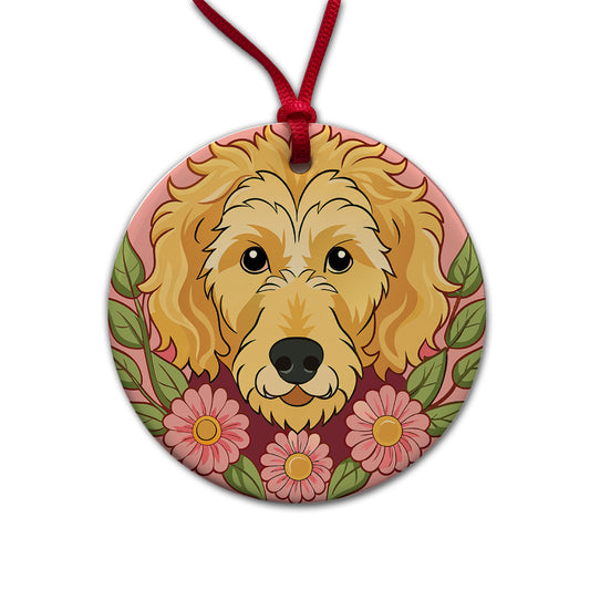 Golden Doodle Head Floral Motif Pink Dog Round Ceramic Holiday Christmas Tree Ornament