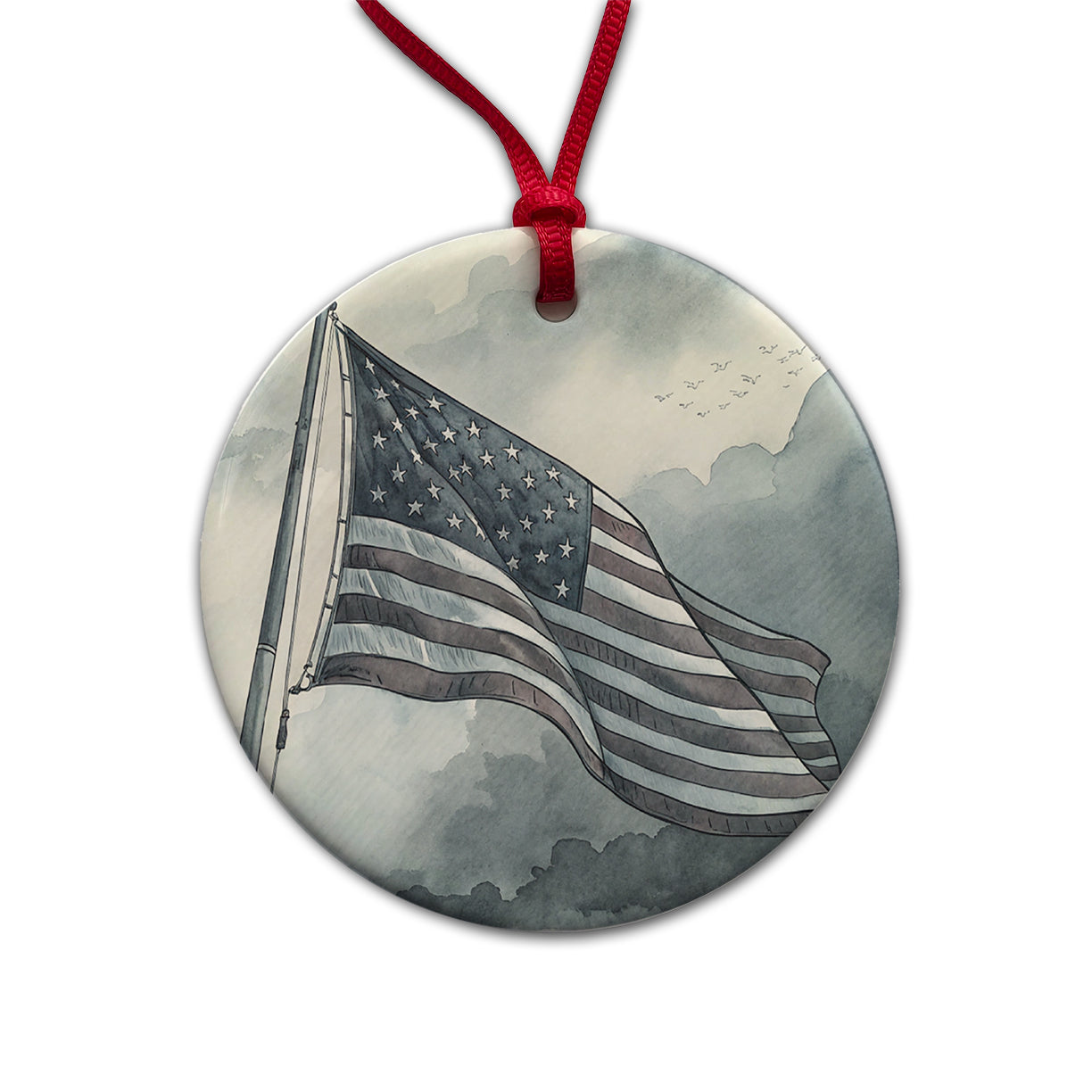 Gray American Flag Watercolor USA United States Round Ceramic Holiday Christmas Tree Ornament