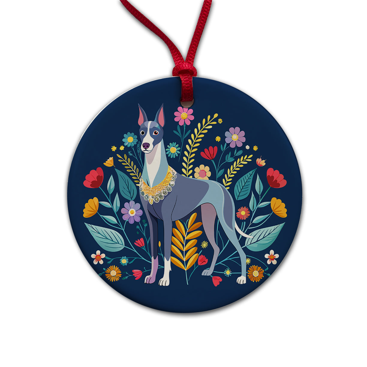 Great Dane Floral Motif Dog Blue Round Ceramic Holiday Christmas Tree Ornament