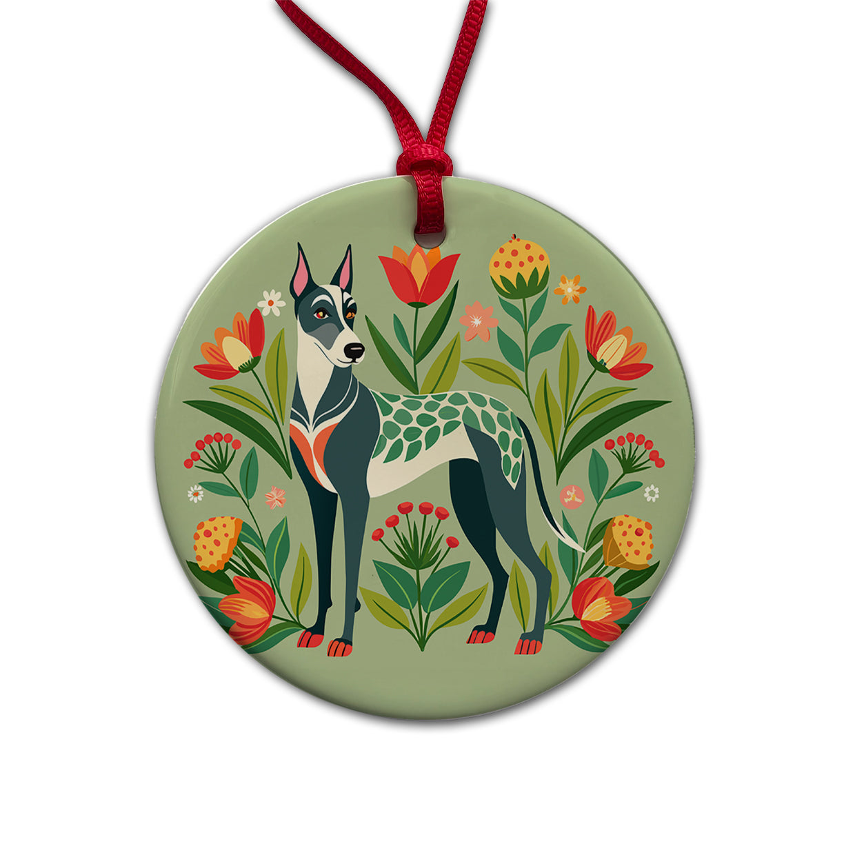 Great Dane Floral Motif Dog Standing Round Ceramic Holiday Christmas Tree Ornament