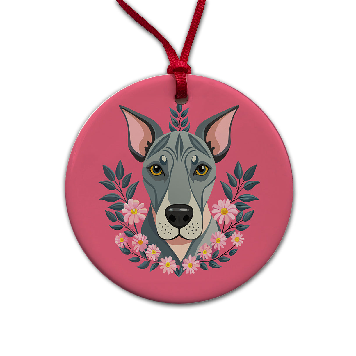 Great Dane Head Floral Motif Pink Background Dog Round Ceramic Holiday Christmas Tree Ornament
