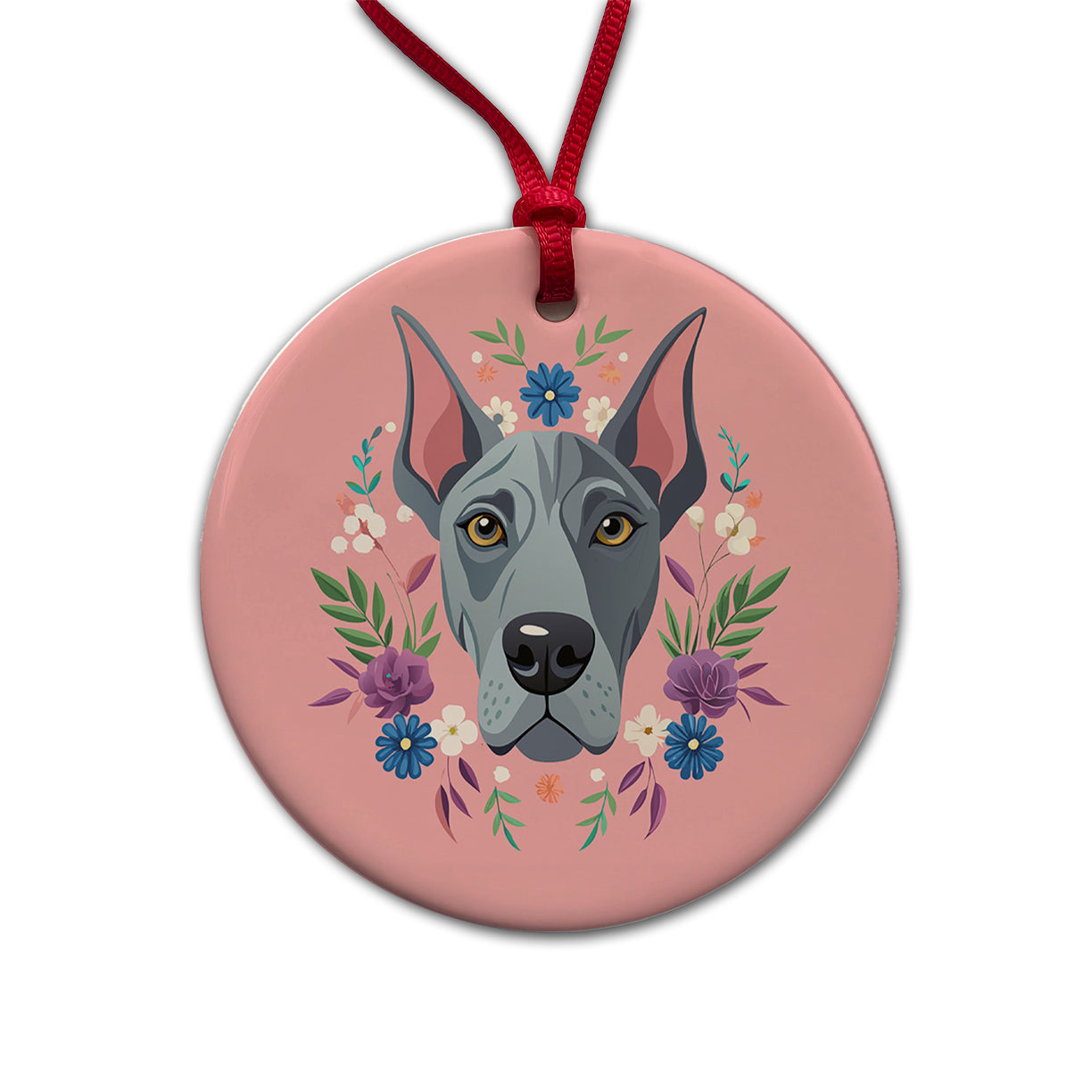 Great Dane Head Floral Motif Pink Dog Round Ceramic Holiday Christmas Tree Ornament