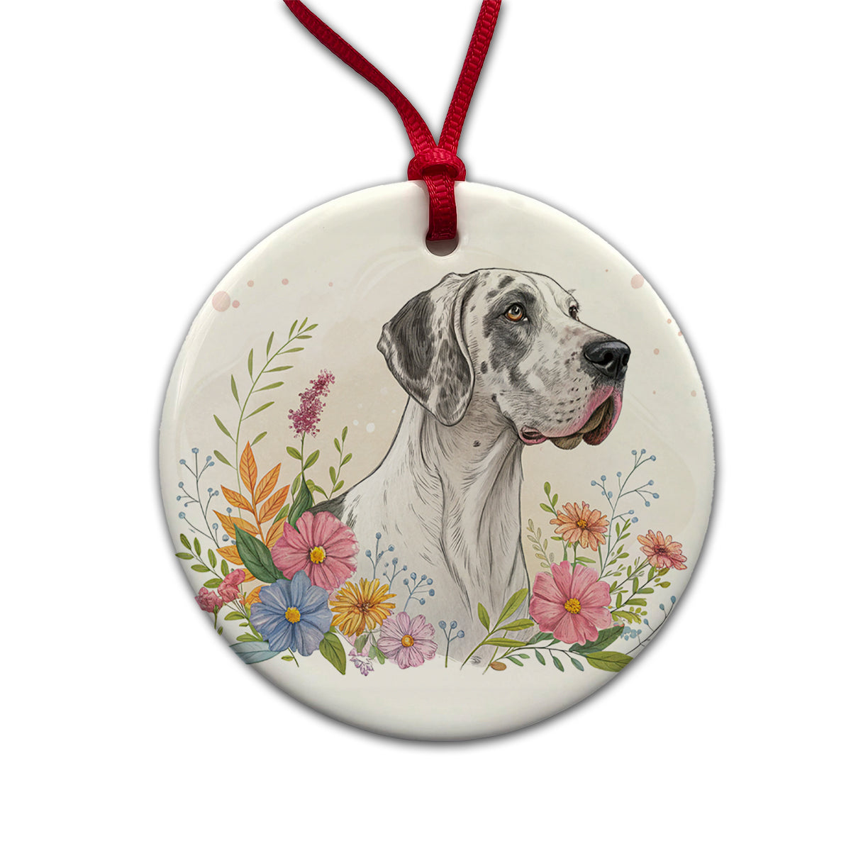 Great Dane Floral Motif Dog Light Round Ceramic Holiday Christmas Tree Ornament