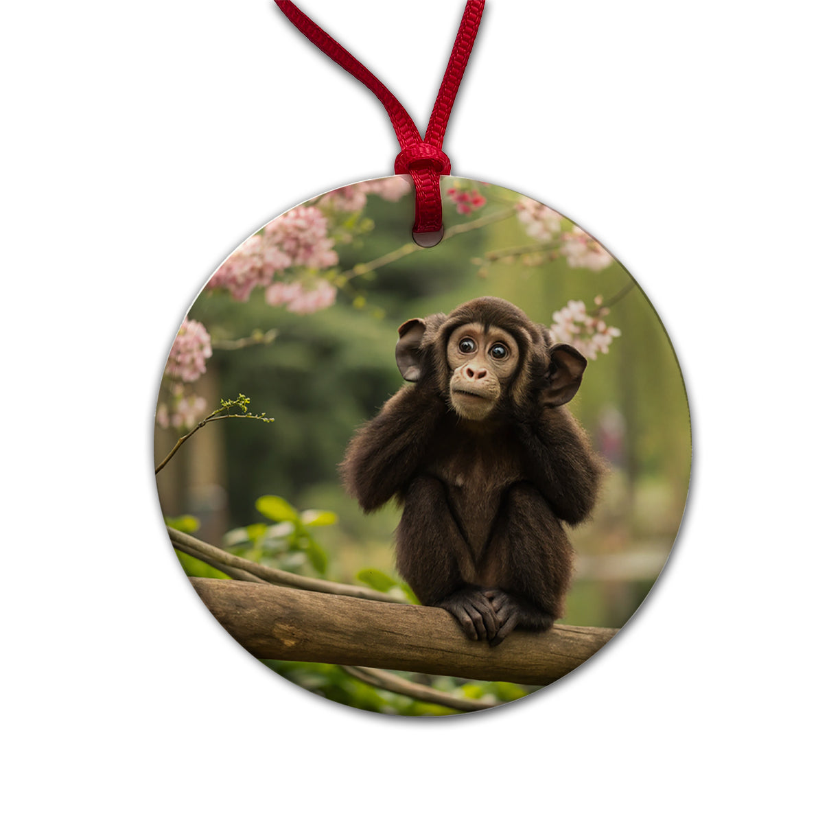 Hear No Evil Cute Monkey Round Ceramic Holiday Christmas Tree Ornament