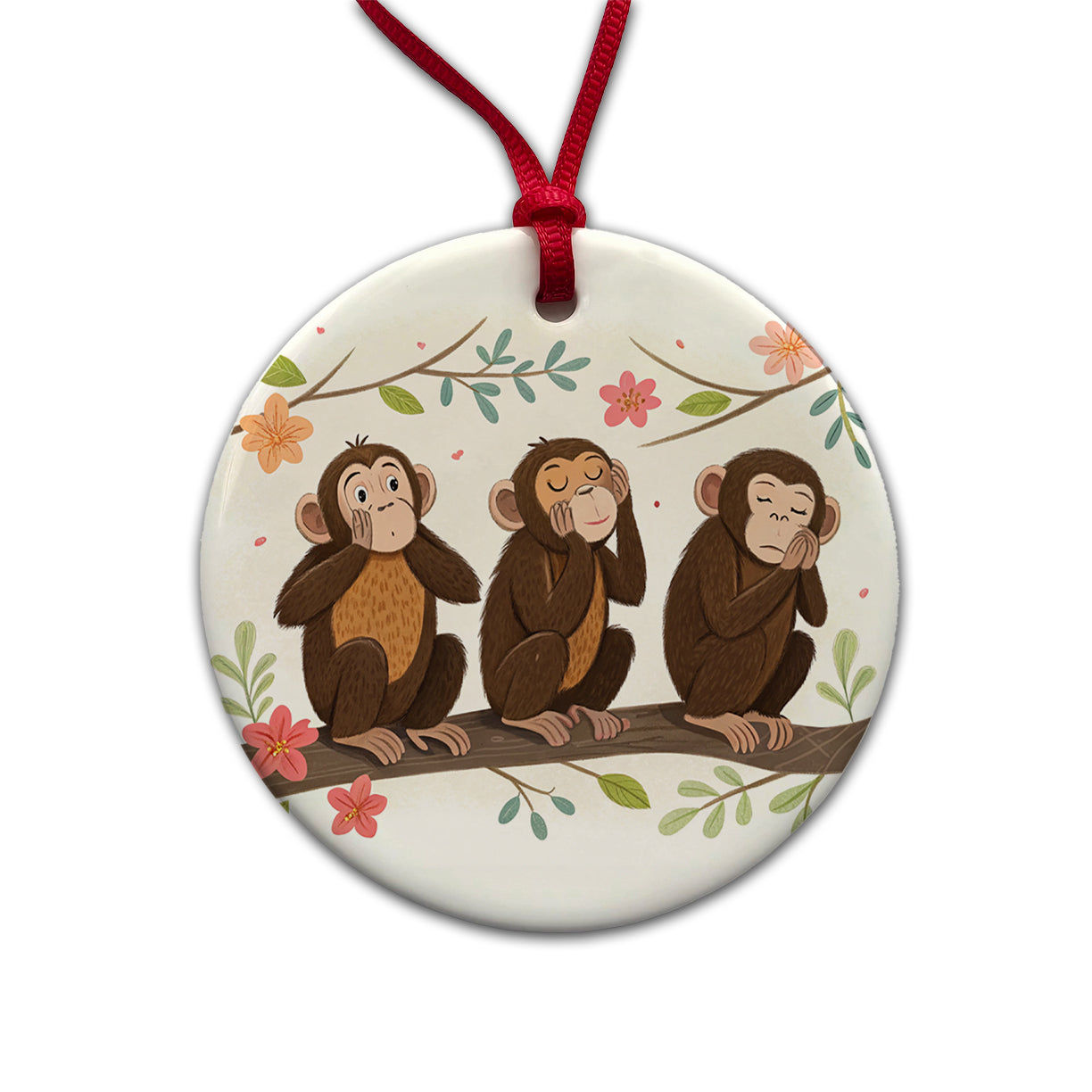 Hear Speak See No Evil Round Ceramic Holiday Christmas Tree Ornament