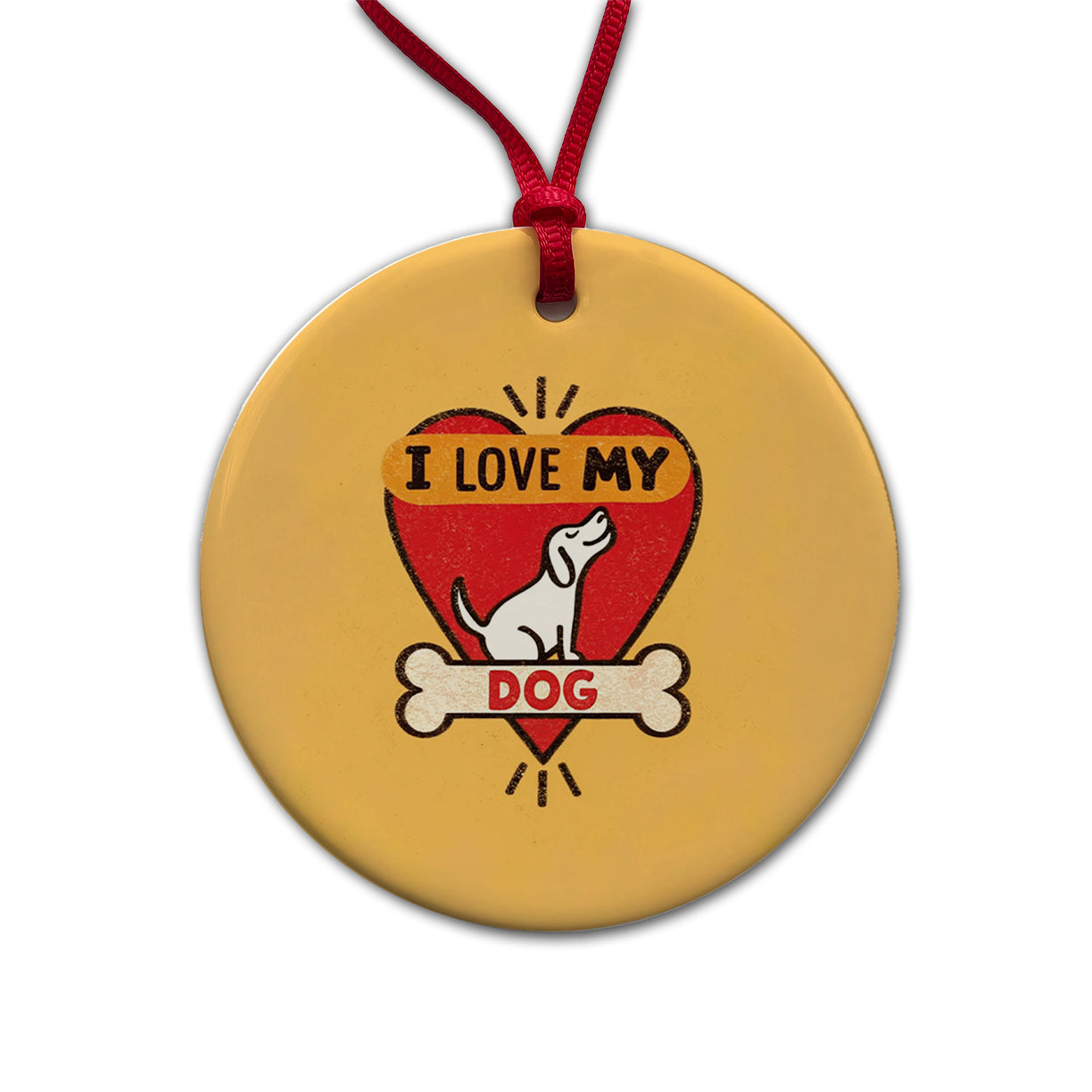 I Love My Dog Heart Round Ceramic Holiday Christmas Tree Ornament