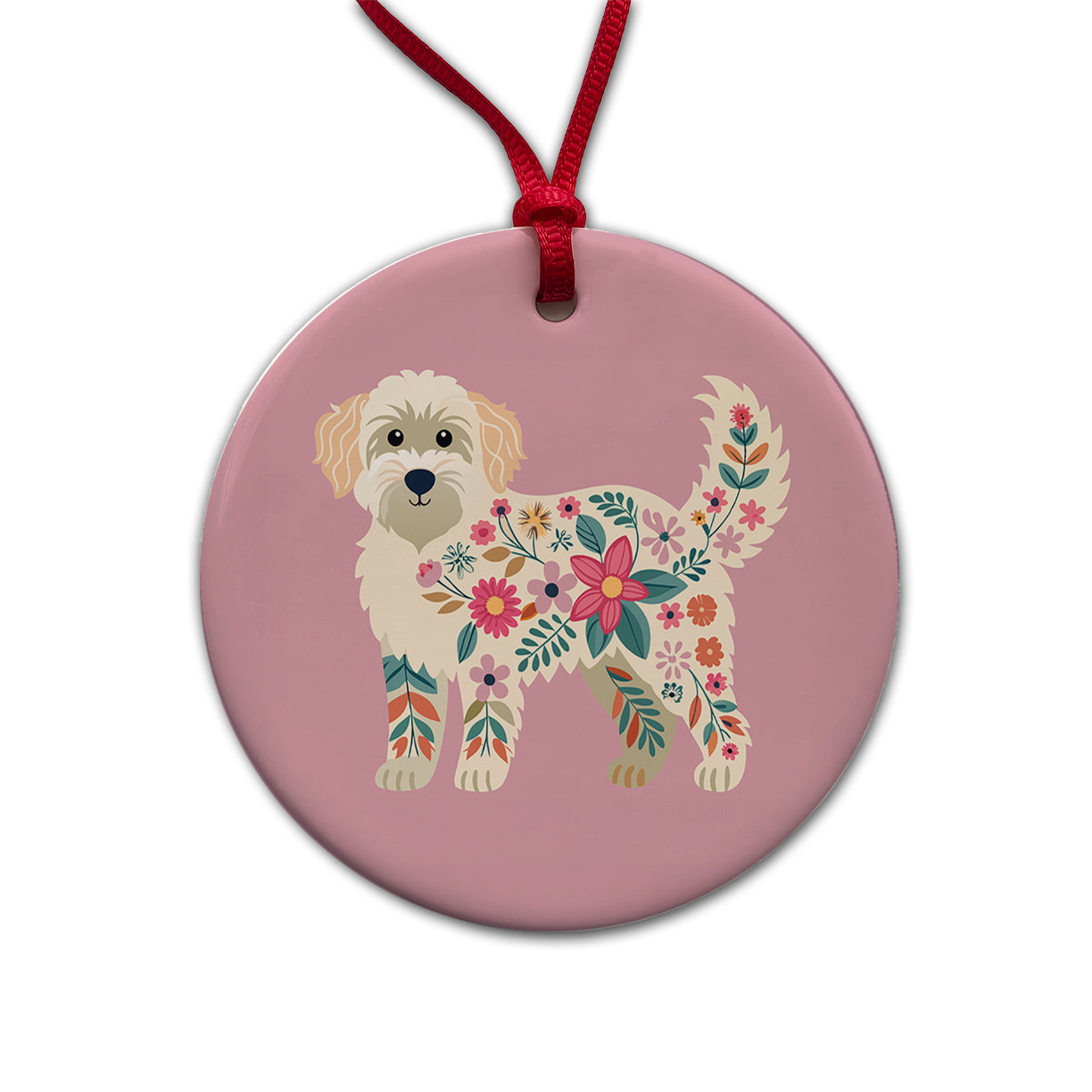 Labradoodle Floral Motif Pink Cute Dog Round Ceramic Holiday Christmas Tree Ornament
