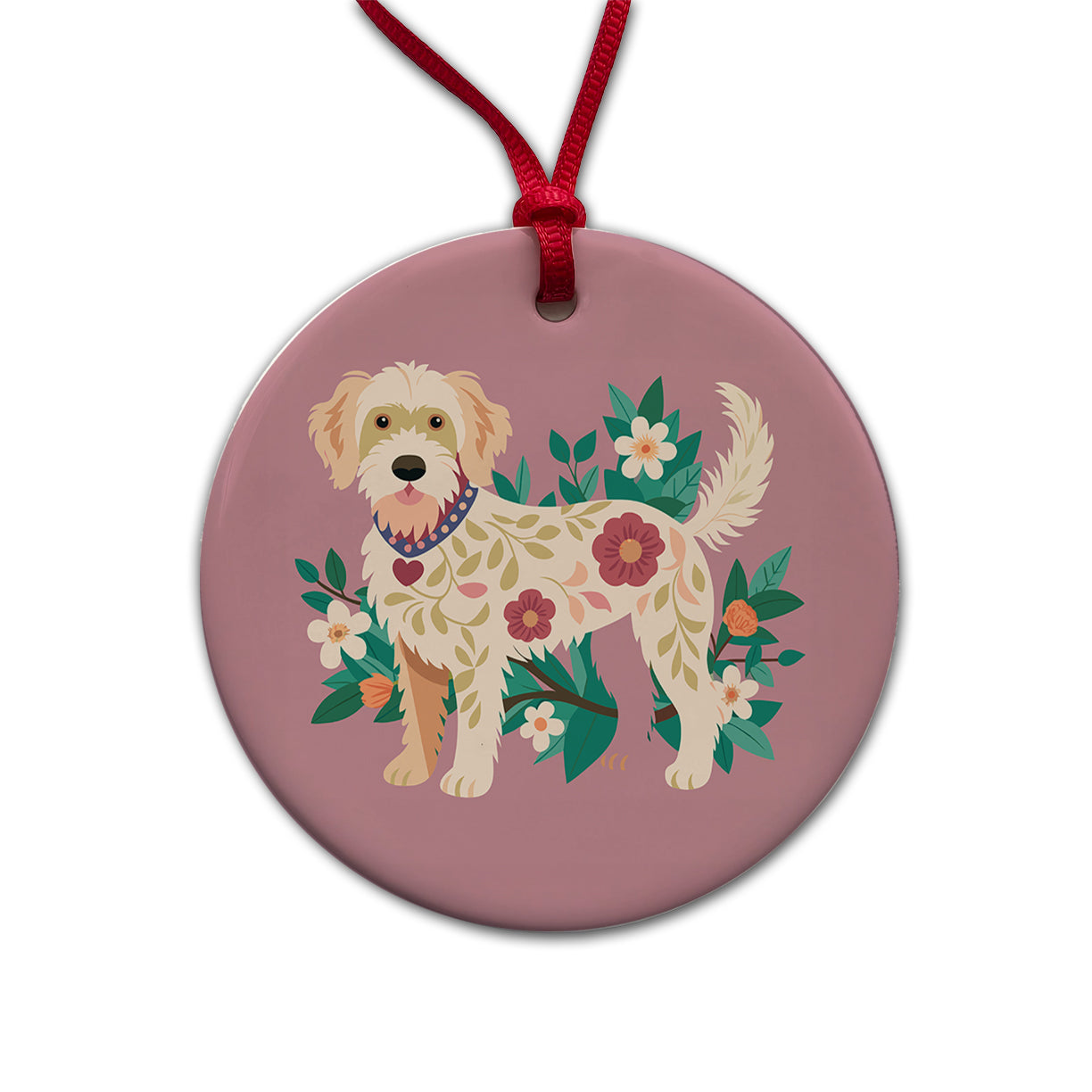 Labradoodle Floral Motif Standing Dog Round Ceramic Holiday Christmas Tree Ornament