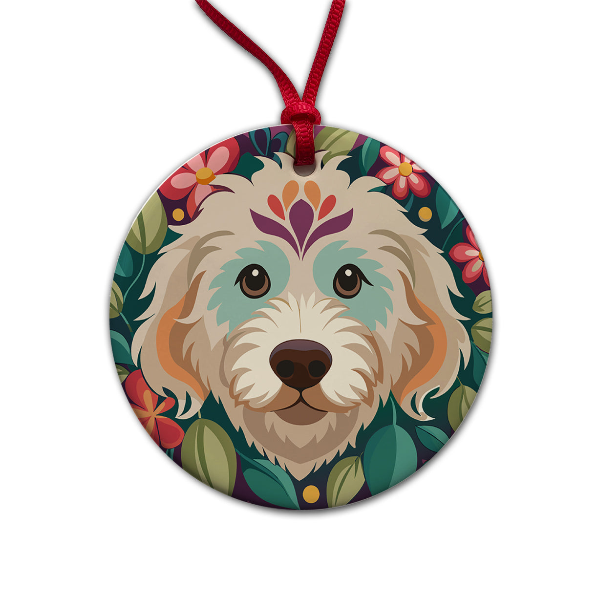 Labradoodle Head Floral Motif Purple Dog Round Ceramic Holiday Christmas Tree Ornament