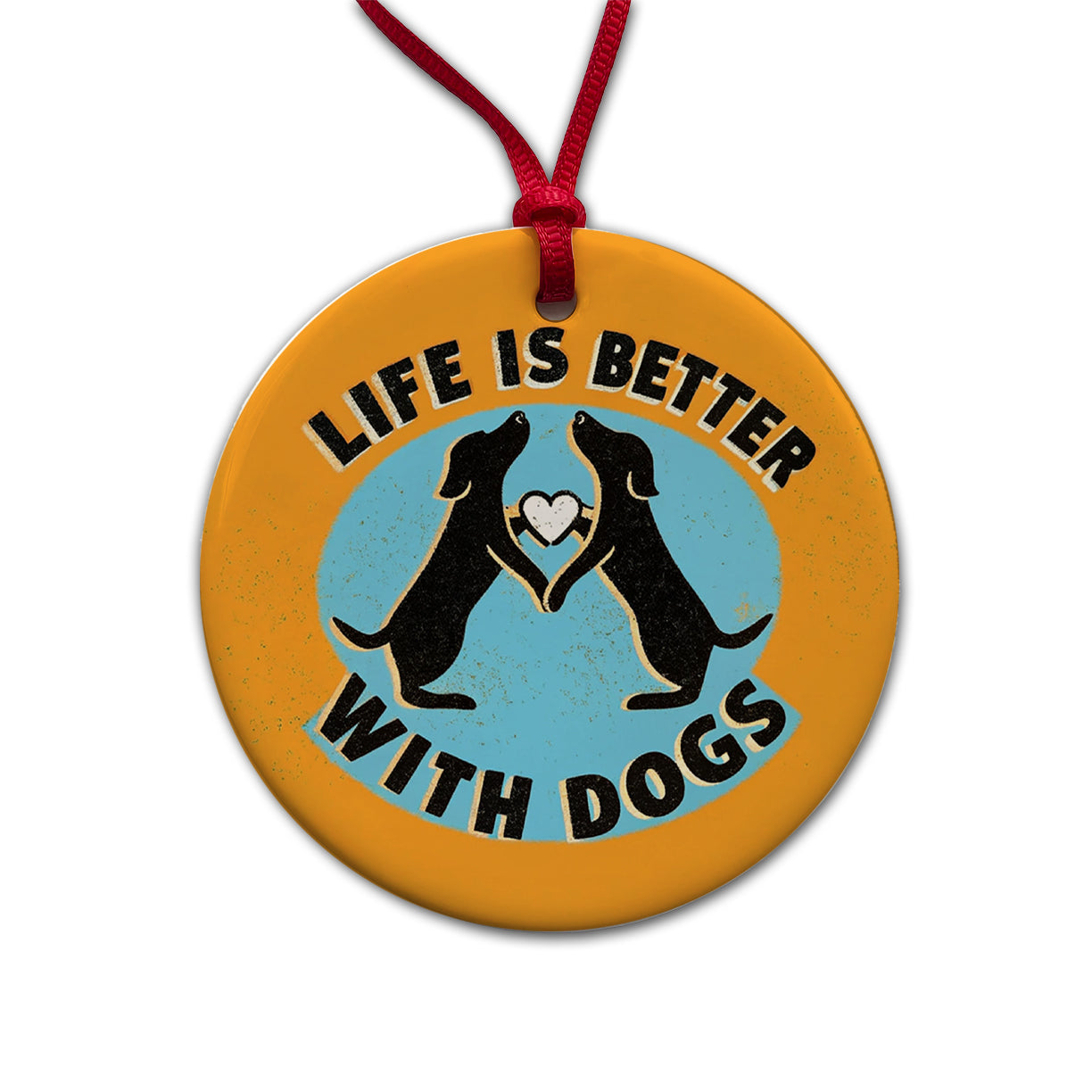 Life Is Better With Dogs Heart Round Ceramic Holiday Christmas Tree Ornament