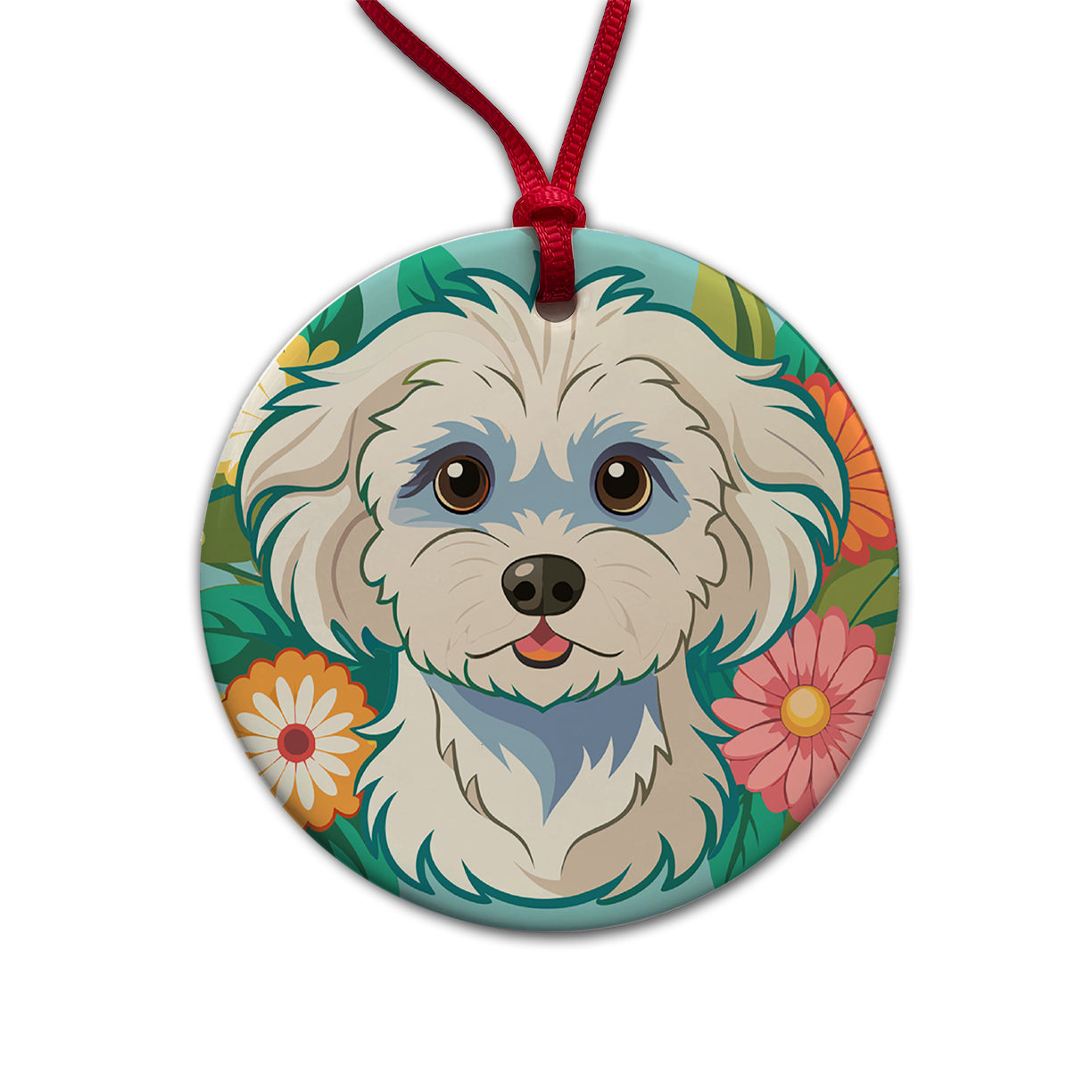 Maltipoo Floral Motif Dog Cute Round Ceramic Holiday Christmas Tree Ornament