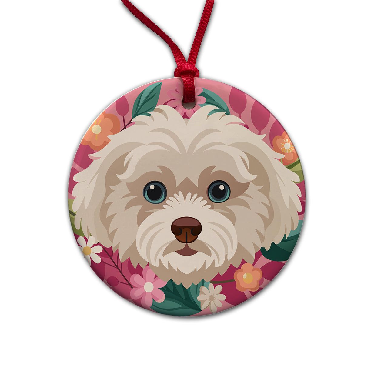 Maltipoo Head Floral Motif Pink Dog Round Ceramic Holiday Christmas Tree Ornament