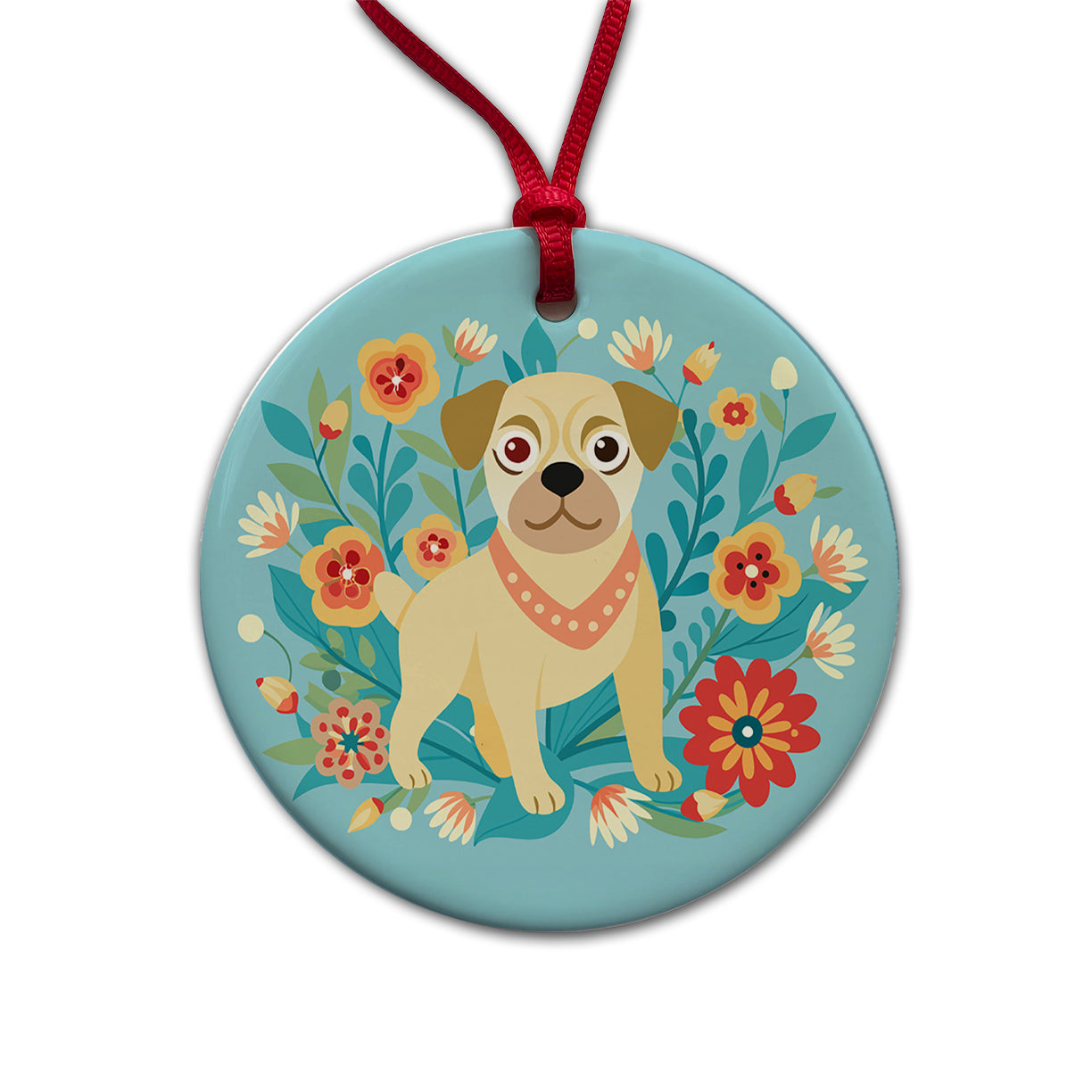 Puggle Floral Motif Blue Dog Round Ceramic Holiday Christmas Tree Ornament