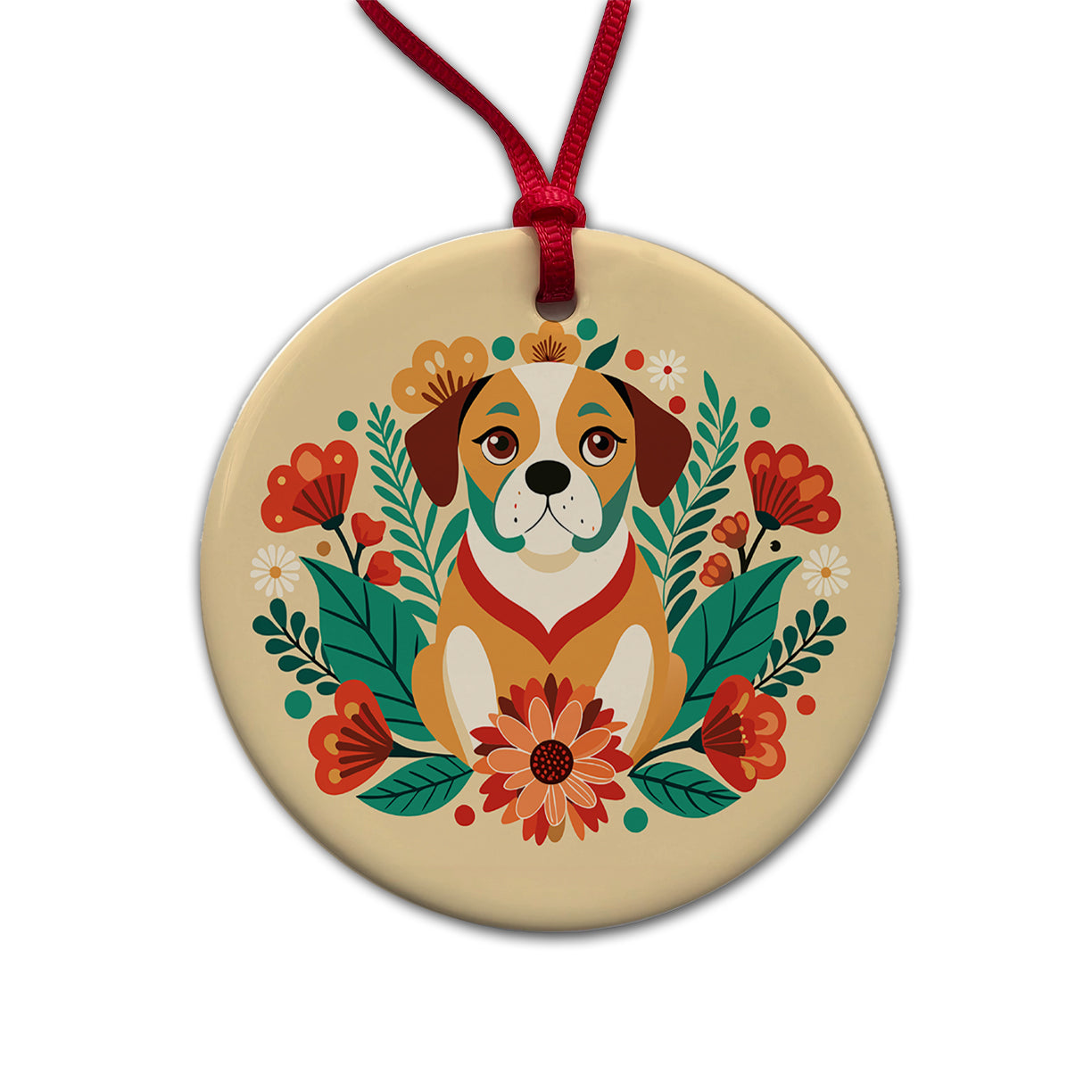 Puggle Floral Motif Dog Round Ceramic Holiday Christmas Tree Ornament
