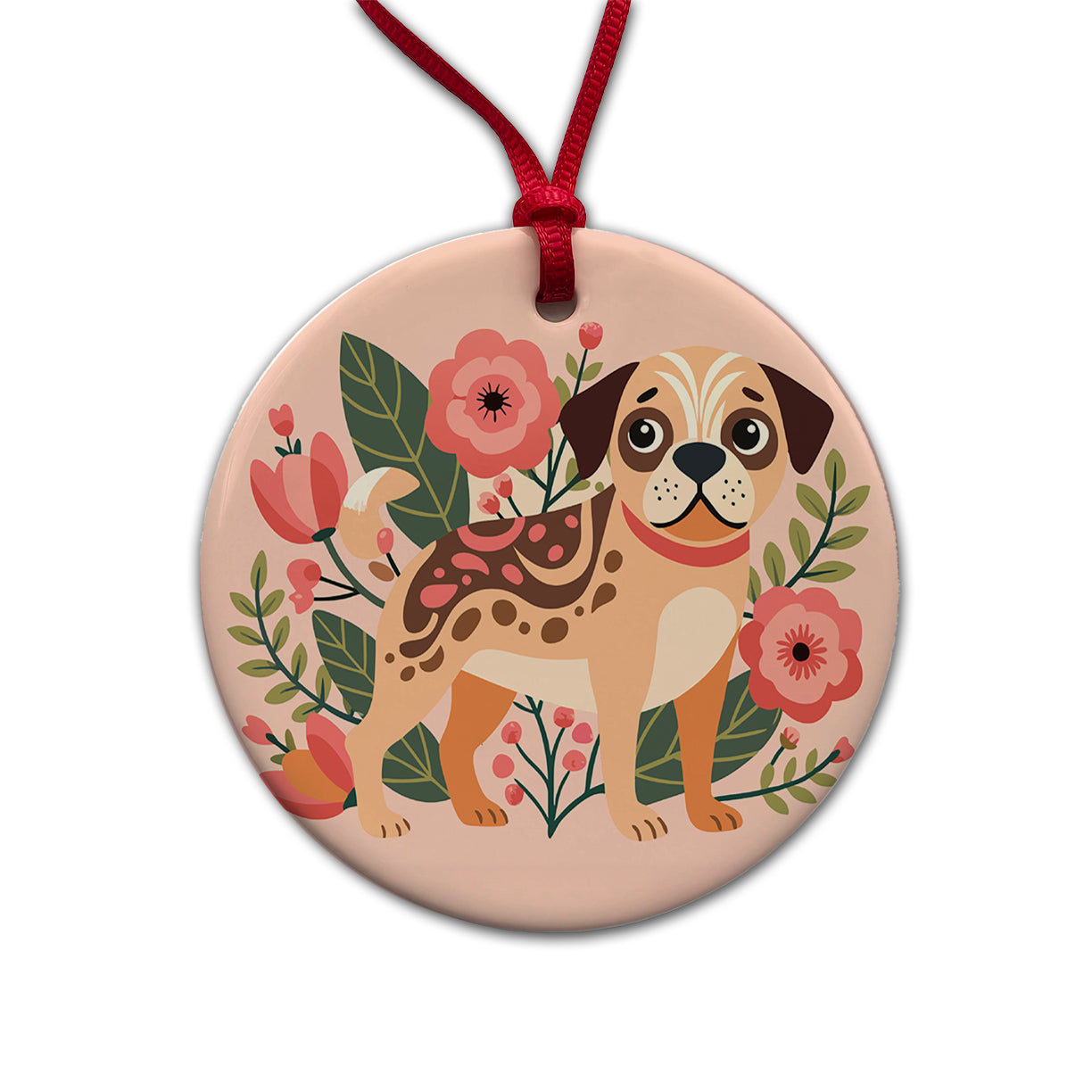 Puggle Floral Motif Pink Dog Round Ceramic Holiday Christmas Tree Ornament