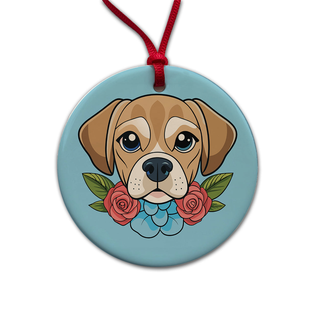 Puggle Head Floral Motif Blue Dog Round Ceramic Holiday Christmas Tree Ornament