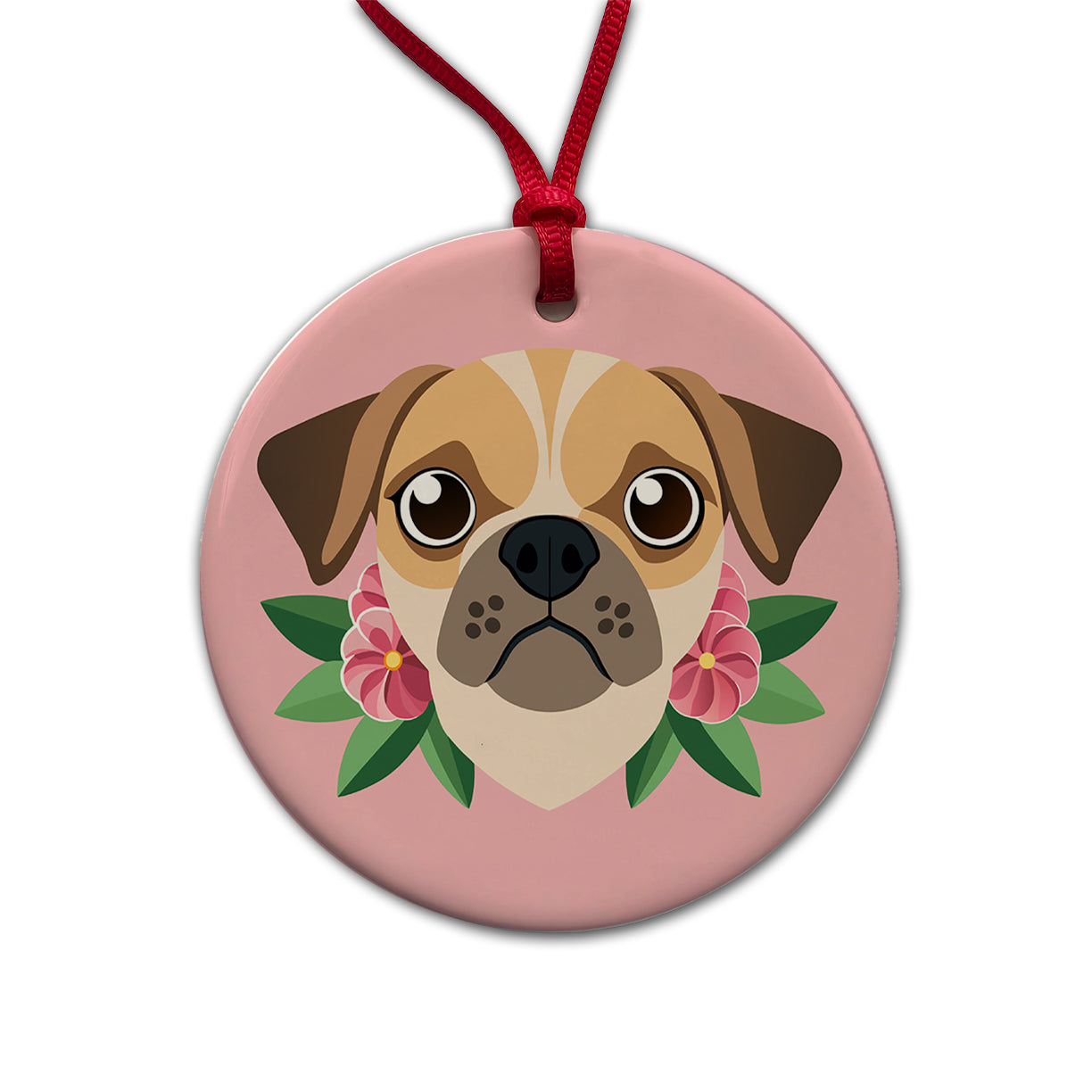 Puggle Head Floral Motif Pink Dog Round Ceramic Holiday Christmas Tree Ornament