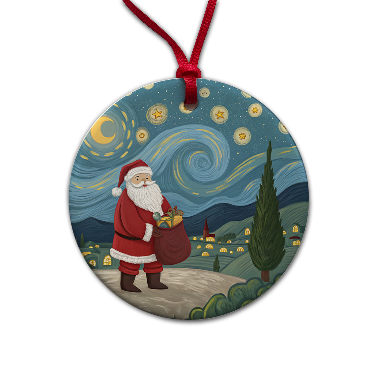 Santa Van Gogh Starry Night Christmas Funny Round Ceramic Holiday Christmas Tree Ornament