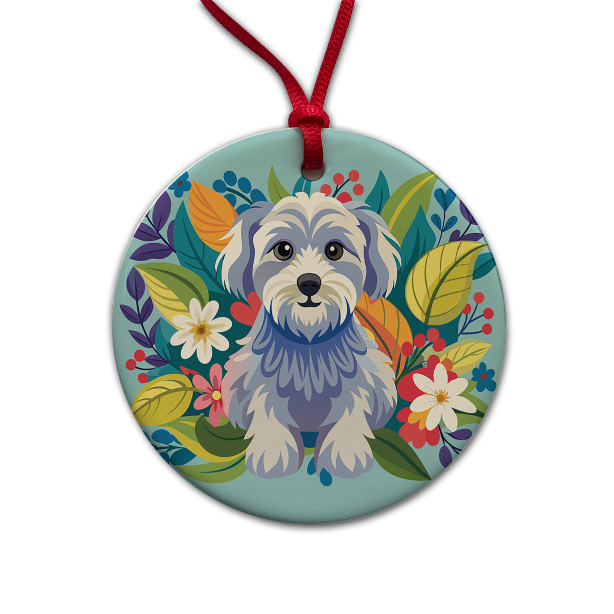 Schnoodle Floral Motif Blue Dog Round Ceramic Holiday Christmas Tree Ornament