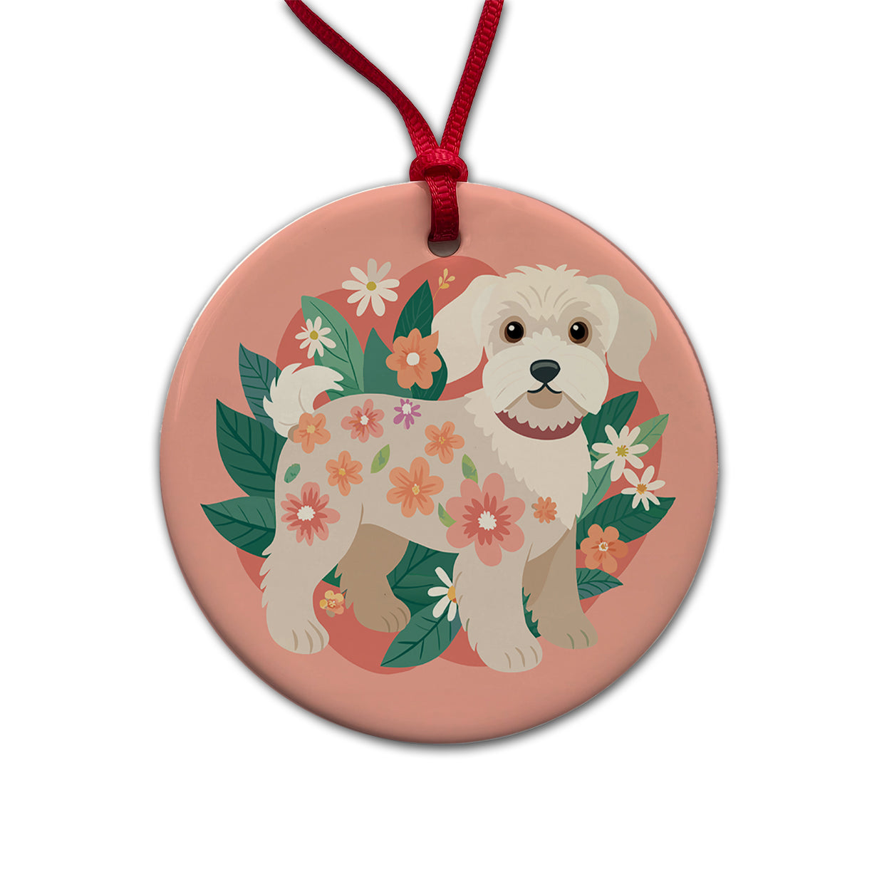 Schnoodle Floral Motif Cute Dog Round Ceramic Holiday Christmas Tree Ornament