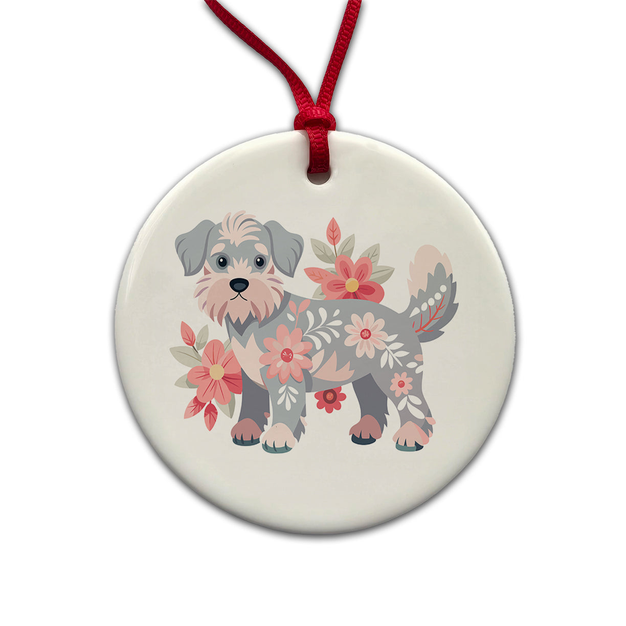 Schnoodle Floral Motif Dog Round Ceramic Holiday Christmas Tree Ornament