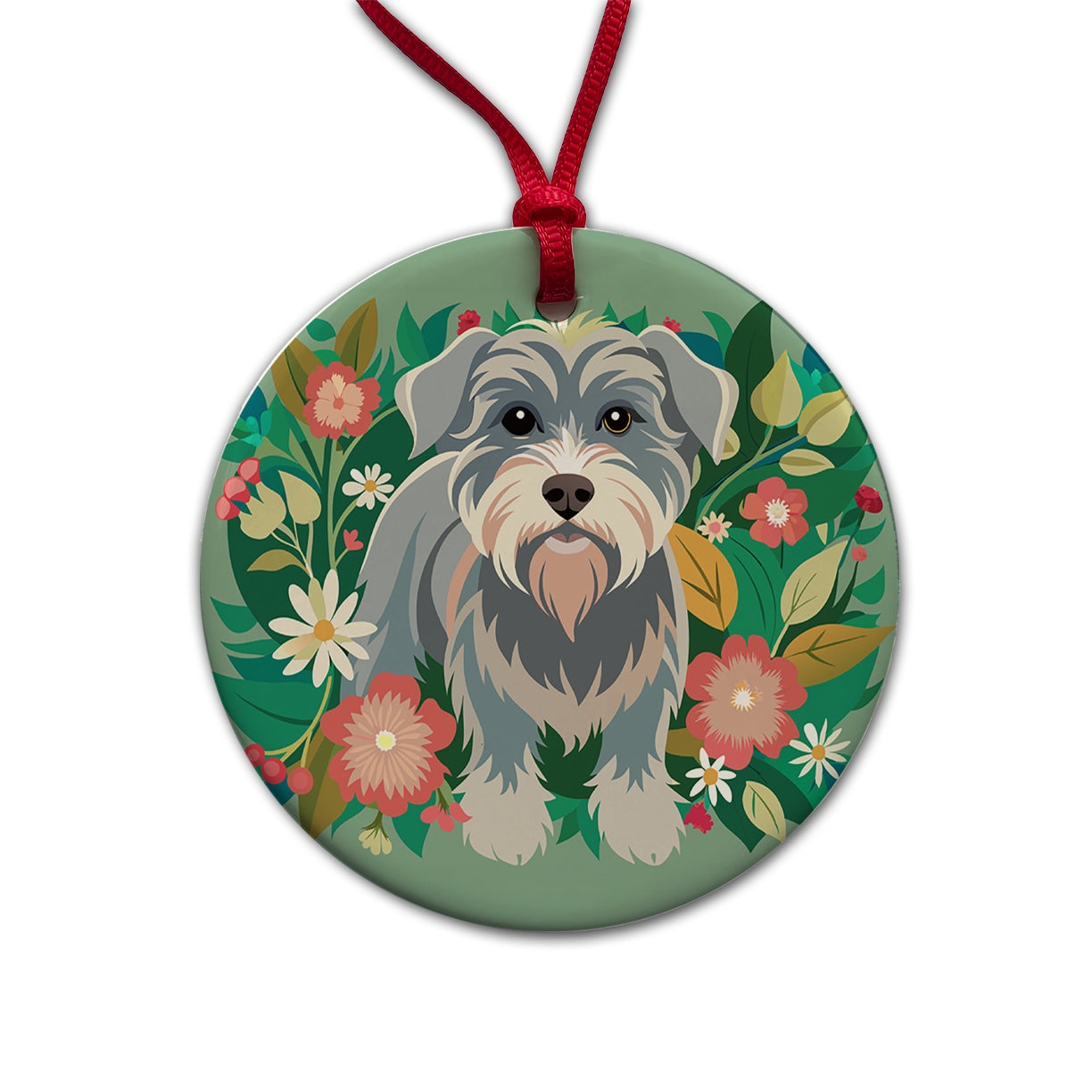 Schnoodle Floral Motif Green Dog Round Ceramic Holiday Christmas Tree Ornament