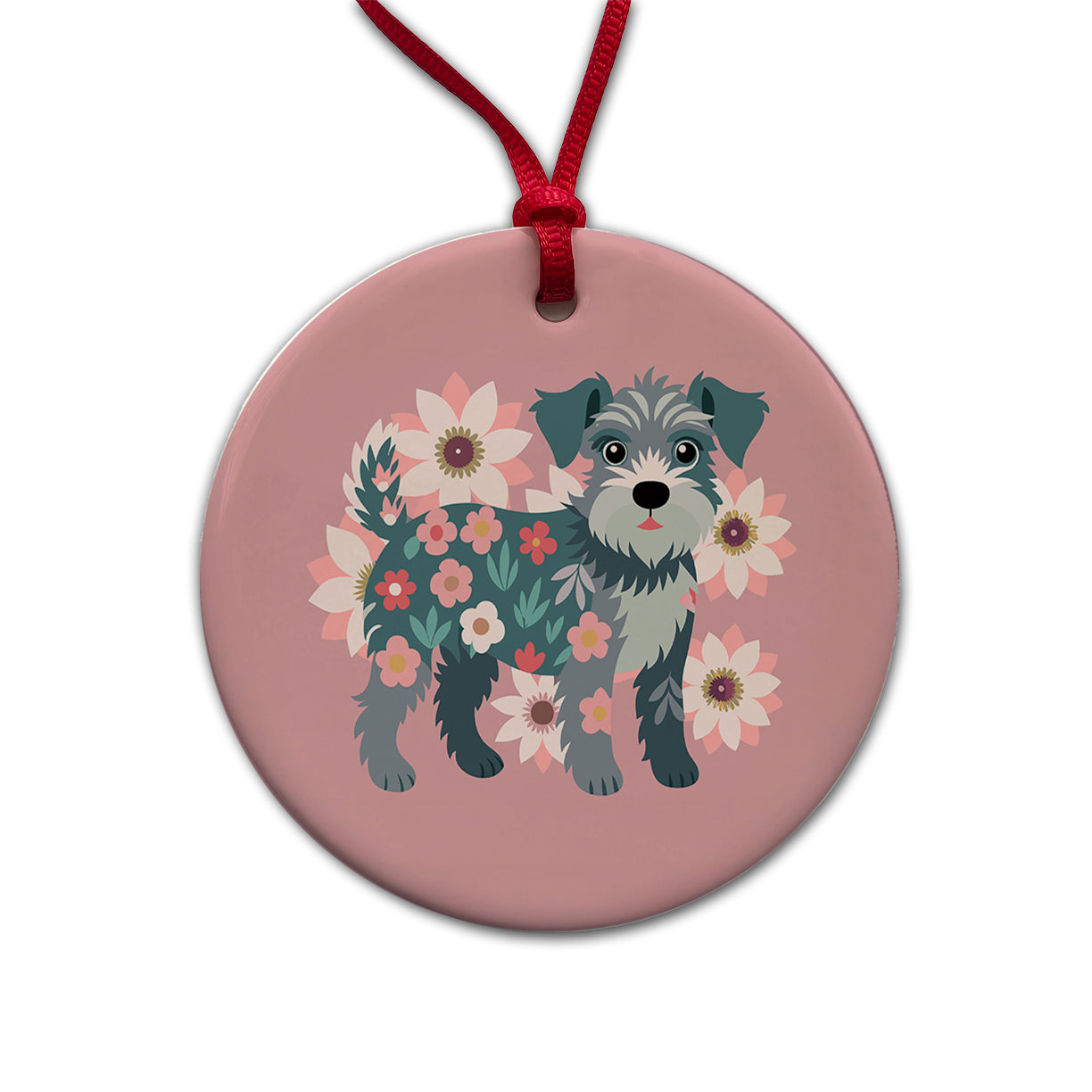 Schnoodle Floral Motif Pink Dog Round Ceramic Holiday Christmas Tree Ornament