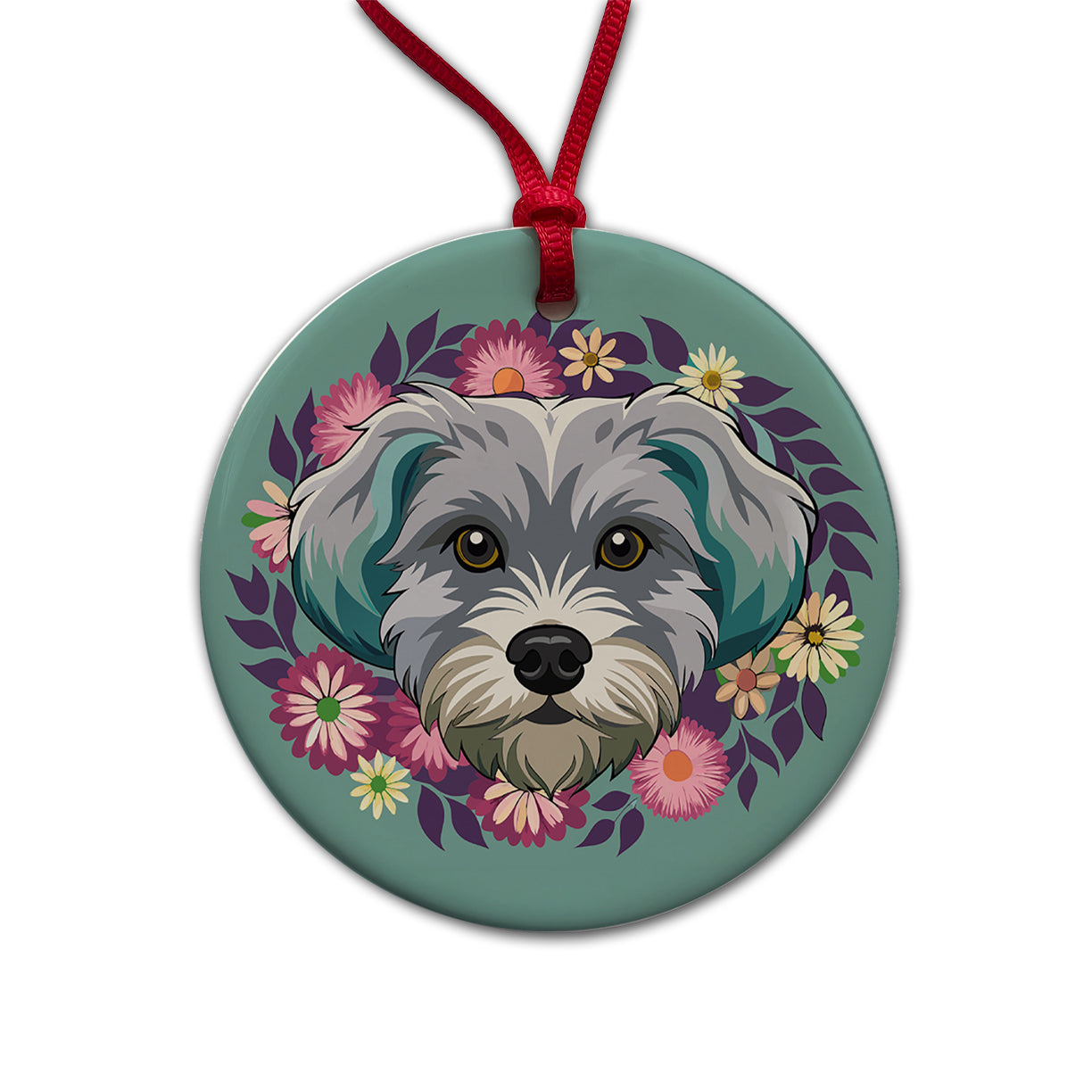 Schnoodle Head Floral Motif Dog Cute Round Ceramic Holiday Christmas Tree Ornament