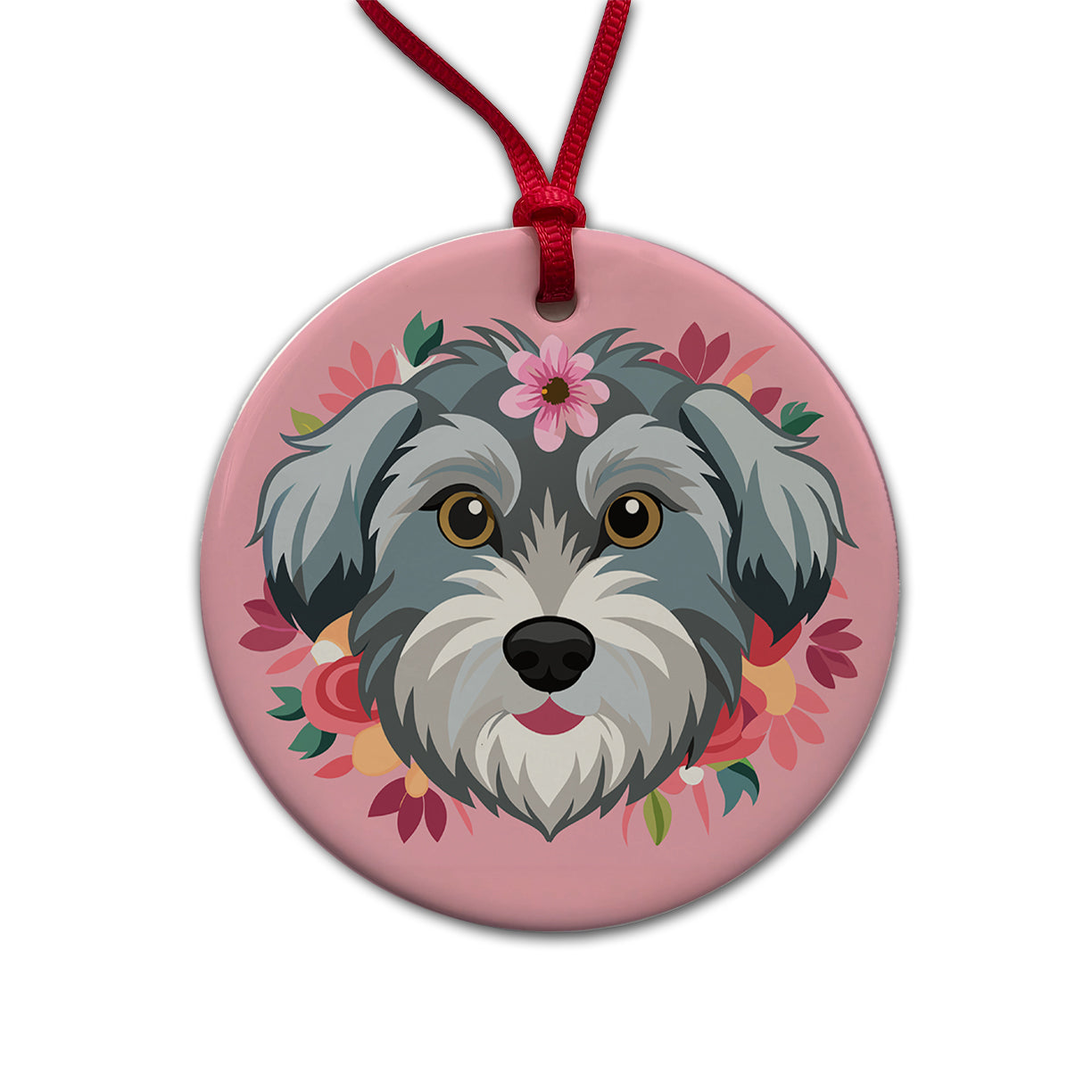 Schnoodle Head Floral Motif Pink Dog Round Ceramic Holiday Christmas Tree Ornament
