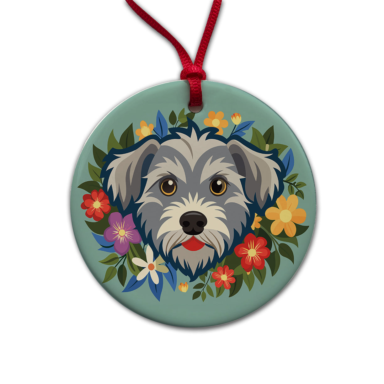 Schnoodle Head Floral Motif Round Ceramic Holiday Christmas Tree Ornament