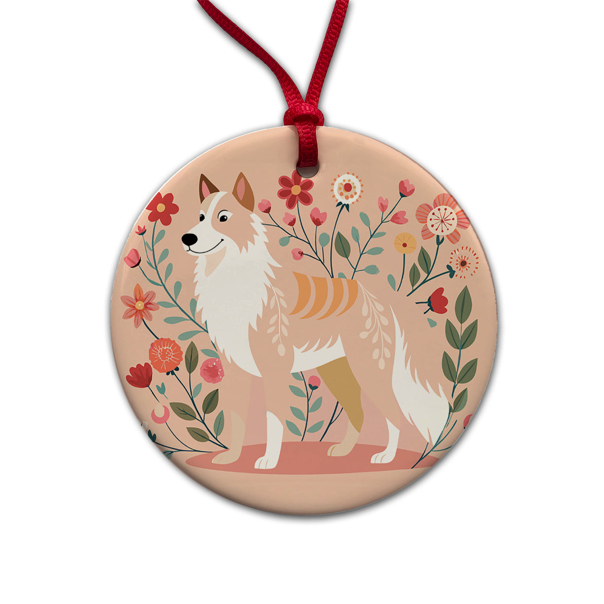 Siberian Retriever Floral Motif Dog Cute Round Ceramic Holiday Christmas Tree Ornament