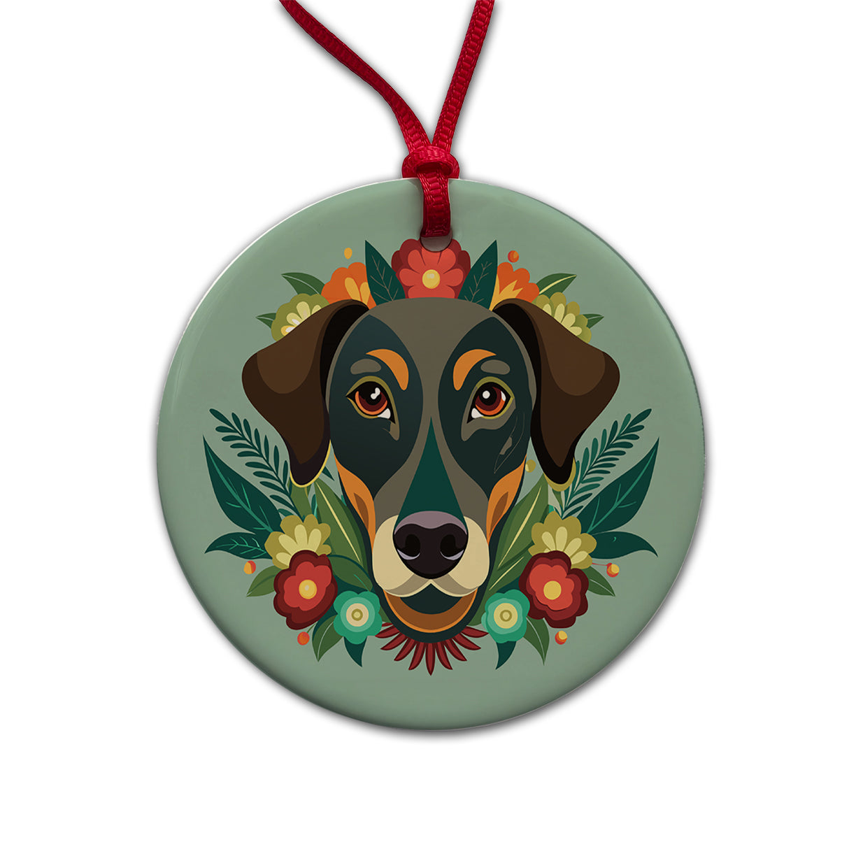 Weimador Head Floral Motif Gray Dog Round Ceramic Holiday Christmas Tree Ornament