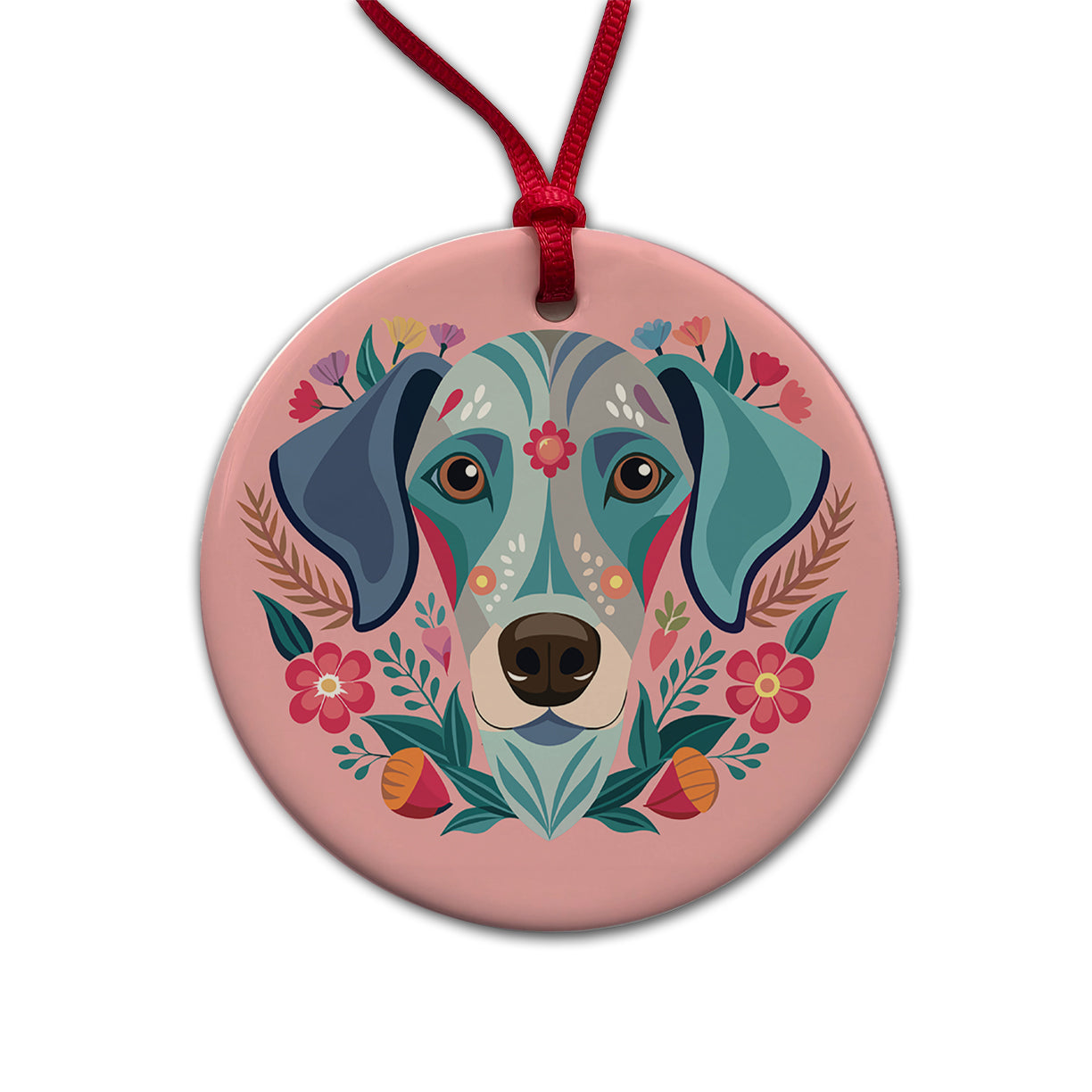 Weimador Head Floral Motif Light Pink Dog Round Ceramic Holiday Christmas Tree Ornament