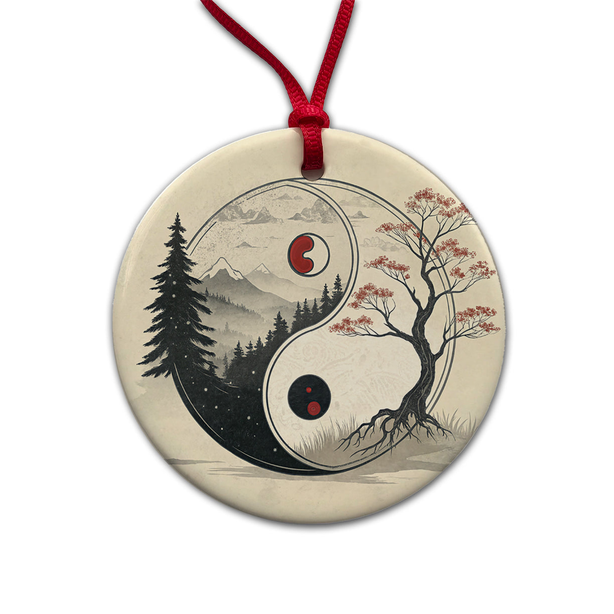 Yin Yang Japanese Cherry Blossoms Round Ceramic Holiday Christmas Tree Ornament