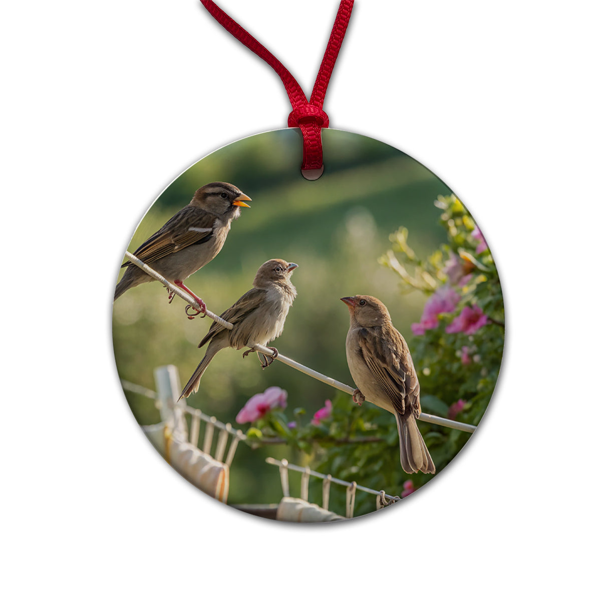 Birds On A Clothesline Round Ceramic Holiday Christmas Tree Ornament
