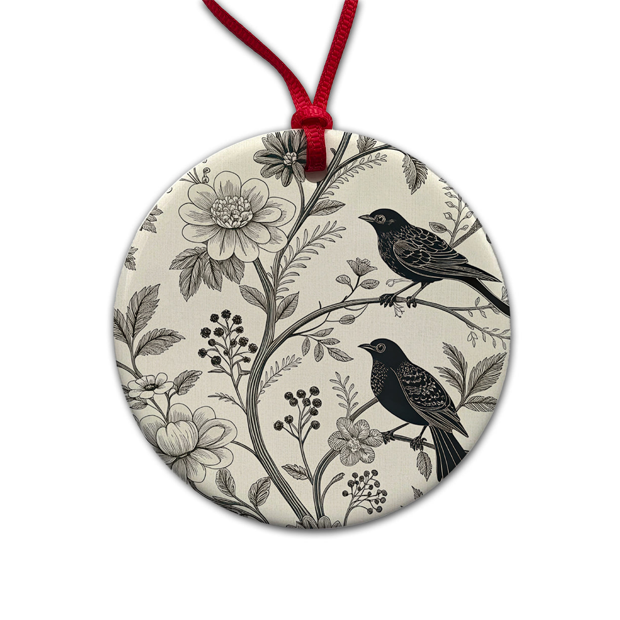 Black On White Toile With Birds Round Ceramic Holiday Christmas Tree Ornament