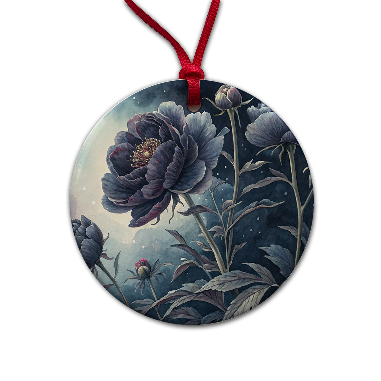 Black Peony Flowers Round Ceramic Holiday Christmas Tree Ornament