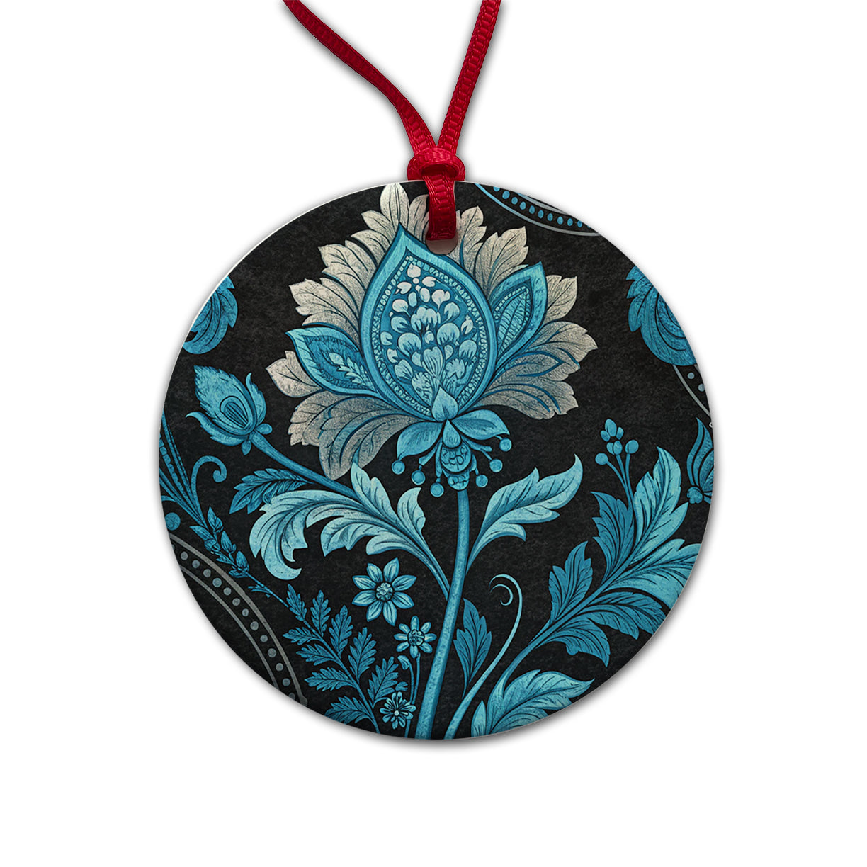 Blue Damask On Black Round Ceramic Holiday Christmas Tree Ornament