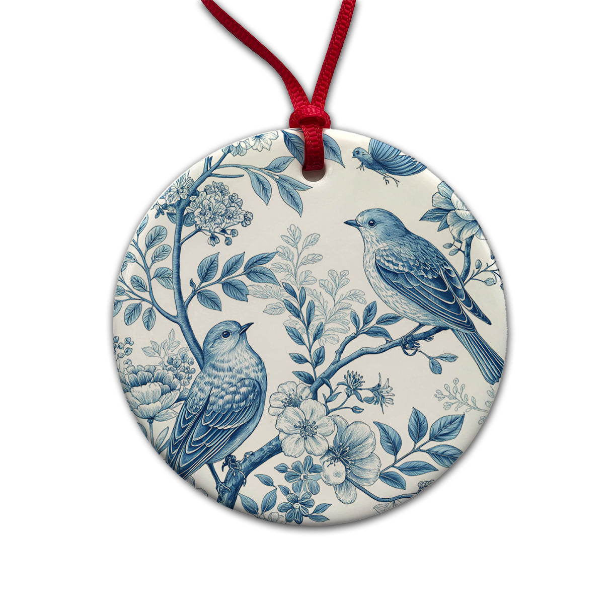 Blue On White Toile With Birds Round Ceramic Holiday Christmas Tree Ornament