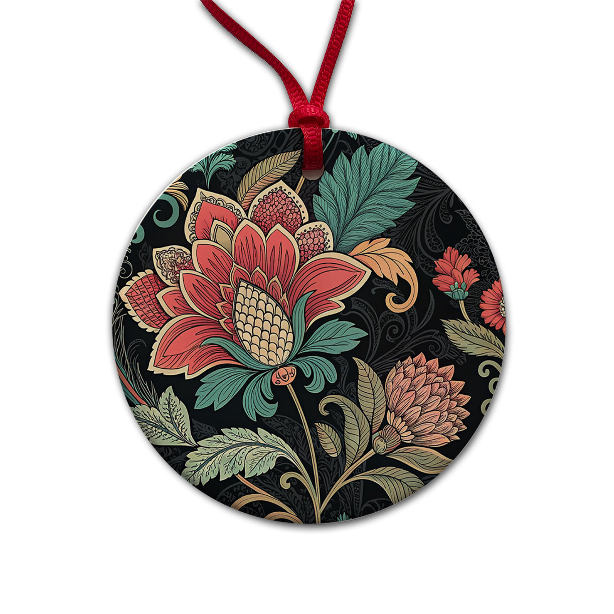 Damask Pretty On Black Round Ceramic Holiday Christmas Tree Ornament