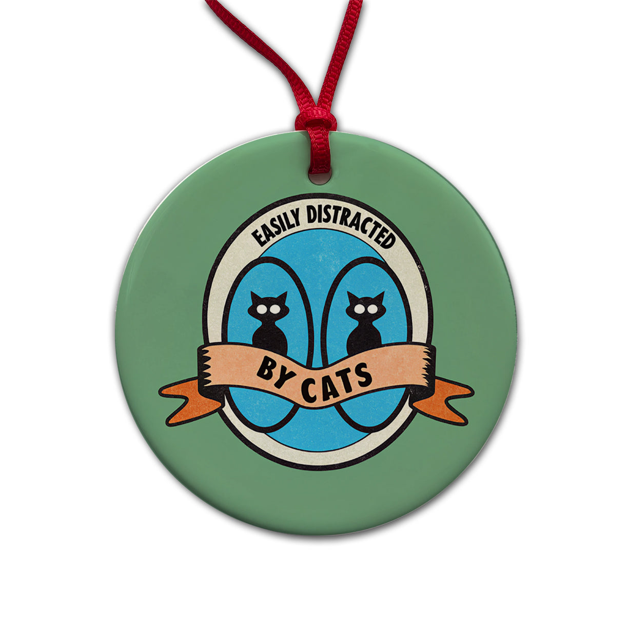 Easily Distracted By Cats Round Ceramic Holiday Christmas Tree Ornament
