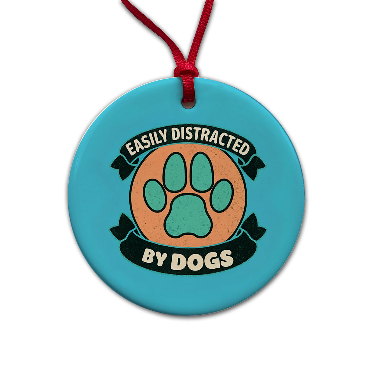 Easily Distracted By Dogs Round Ceramic Holiday Christmas Tree Ornament