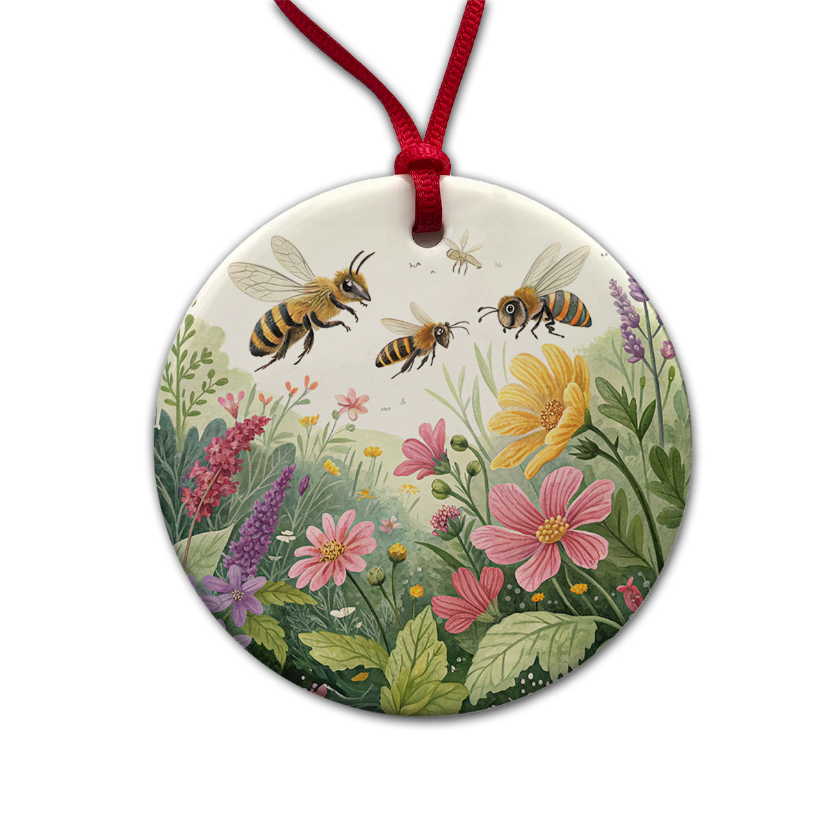 Flying Bees Flowers Round Ceramic Holiday Christmas Tree Ornament