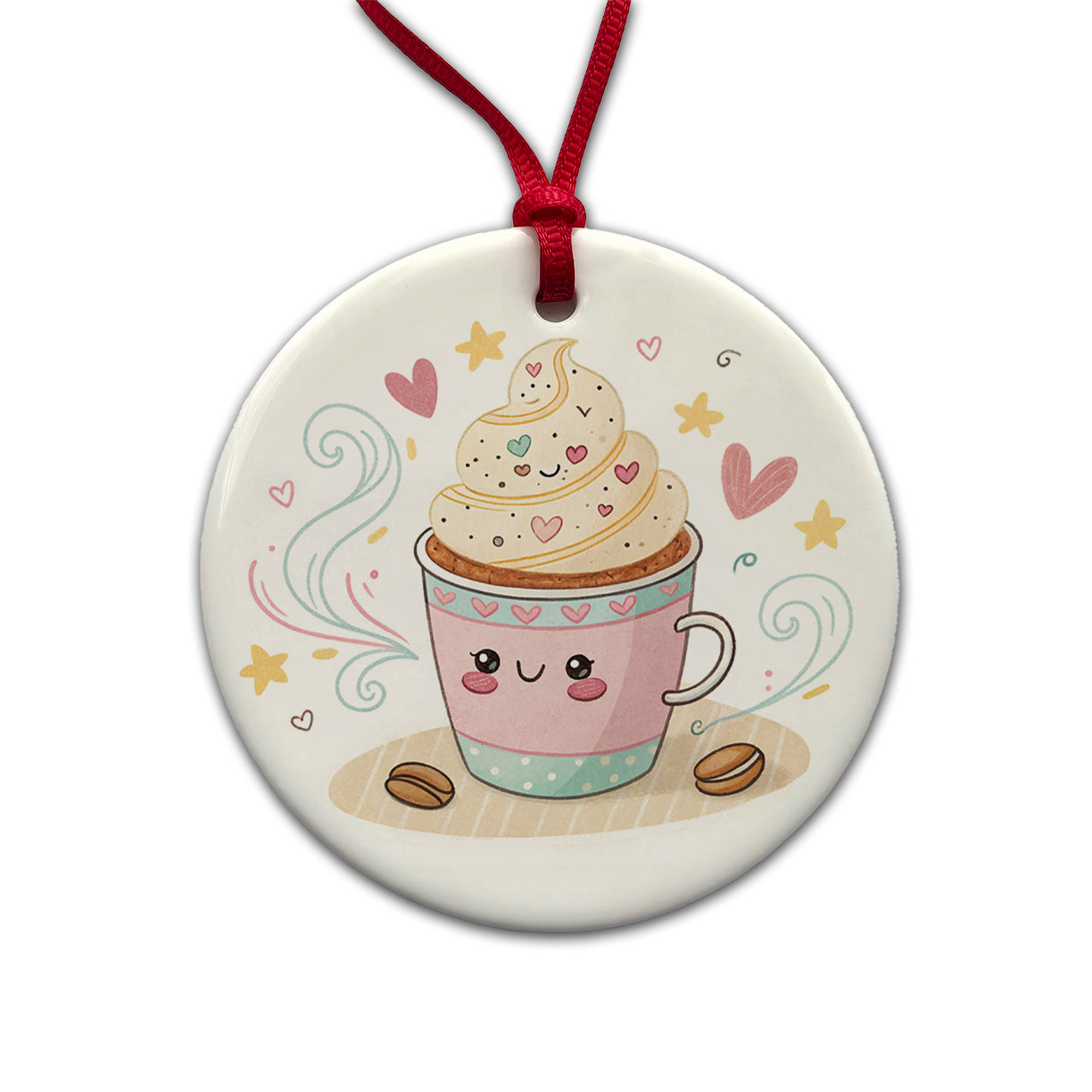Kawaii Latte Coffee Round Ceramic Holiday Christmas Tree Ornament