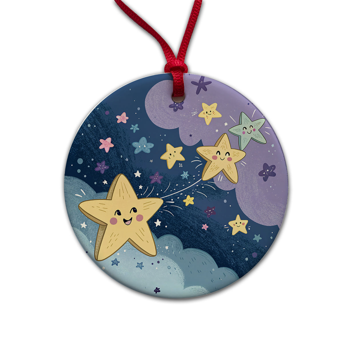 Kawaii Stars In Space Round Ceramic Holiday Christmas Tree Ornament