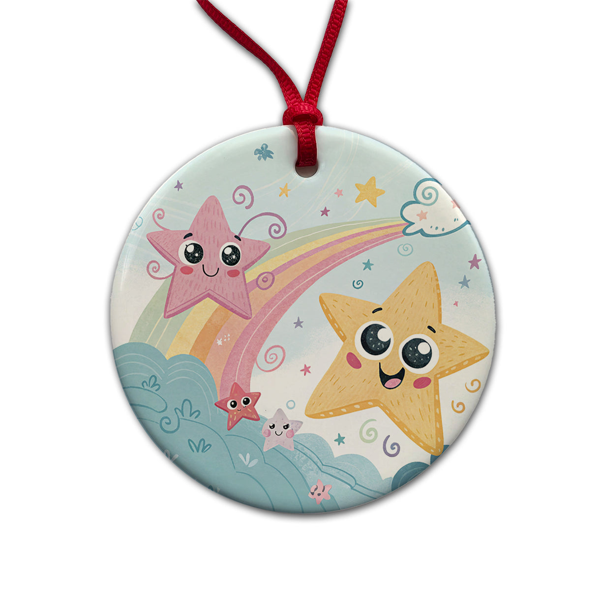 Kawaii Stars Round Ceramic Holiday Christmas Tree Ornament